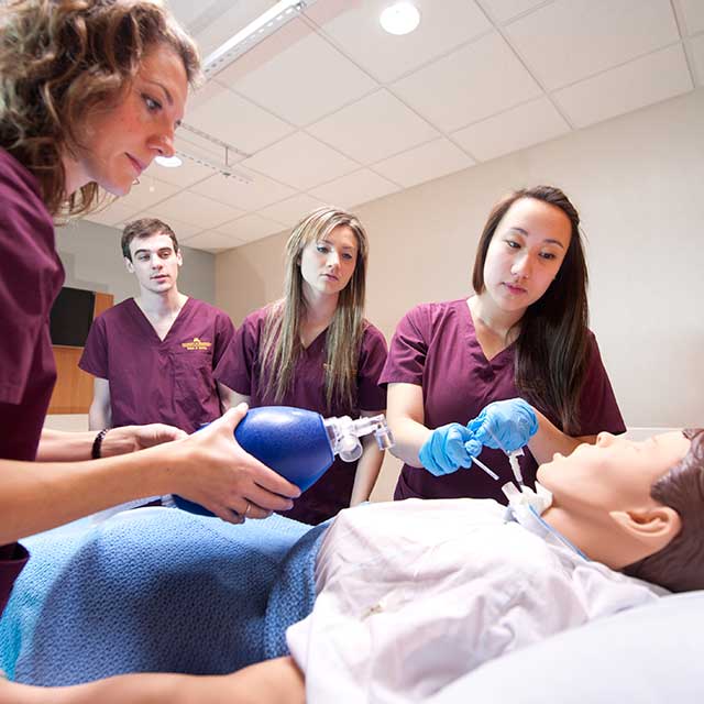 Group of female and male medical students working on a human model