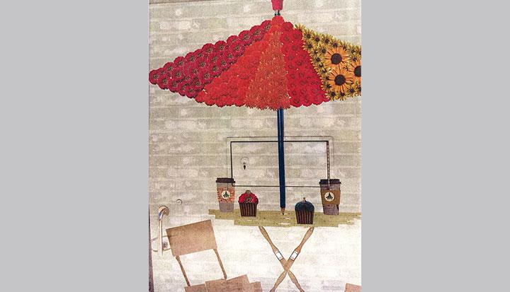 Utility box mural showing a table under an umbrella made of flowers